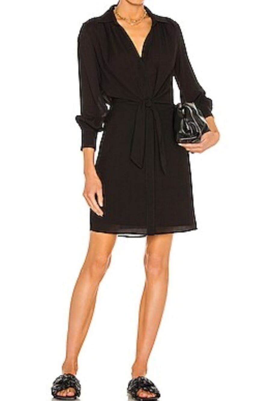 Brochu Walker Madsen Shirt Dress Black Tie Front Long Sleeve Quiet Luxury Sz S